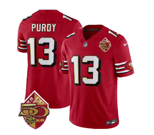 Women's San Francisco 49ers #13 Brock Purdy Red 2023 F.U.S.E. 50th Patch Vapor Limited Stitched Football Jersey(Run Small)